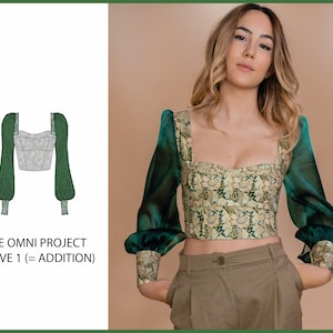 May include: A green and gold floral print crop top with sheer green puff sleeves. The top has a square neckline and is cropped above the waist. The text "THE OMNI PROJECT SLEEVE 1 (= ADDITION)" is visible below the image.