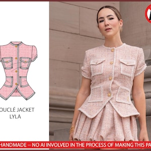 May include: Pink bouclé jacket and skirt set. The jacket has short sleeves, gold buttons, and four pockets. The skirt is pleated. The text "BOUCLÉ JACKET LYLA" is visible. The image also states "100% HANDMADE - NO AI INVOLVED IN THE PROCESS OF MAKING THIS PATTERN."