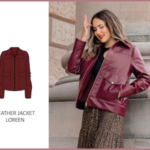 Peut inclure: Une veste en cuir bordeaux avec un col, deux poches avant et une fermeture éclair. La veste est portée par une personne. L'image montre également une illustration plate de la veste et le texte "LEATHER JACKET LOREEN".