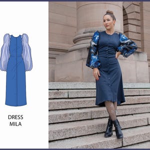 May include: A blue dress with a button-up front and long sleeves. The sleeves have a puffed design and a floral print. The dress is knee-length and has a fitted silhouette. The text "DRESS MILA" is below the dress.