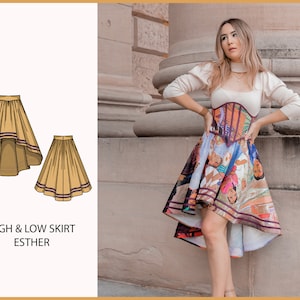 Peut inclure: Une jupe asymétrique avec un imprimé abstrait coloré représentant des personnes. La jupe est de style asymétrique, avec une partie avant plus courte et une partie arrière plus longue. La jupe est associée à un haut blanc et un corset. Le texte "HIGH & LOW SKIRT ESTHER" est visible sur l'image.