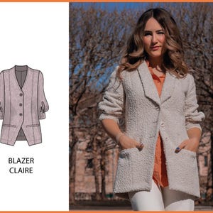 Könnte beinhalten: Ein weißer Blazer aus strukturiertem Stoff mit zwei Taschen. Der Blazer hat einen einzigen Knopfverschluss und einen Schalkragen. Der Text "BLAZER CLAIRE" ist unter dem Bild gedruckt.