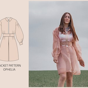 May include: A pink and white gingham shirt with a long sleeve and a zip fastening. The shirt is worn over a white vest top and has a belt around the waist. The shirt is made of a sheer fabric and has a loose fit. The text "JACKET PATTERN OPHELIA" is printed below the image.