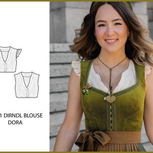 May include: A woman wearing a green dirndl blouse with a white blouse underneath. The blouse has a brown ribbon around the waist and a gold heart-shaped pendant. The image also shows a sketch of the blouse with the text "2-IN-1 DIRNDL BLOUSE DORA".