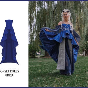 May include: A dark blue corset dress with a flowing skirt and a matching illustration. The dress features a detailed bodice with white embroidery and long, flowing sleeves. The text "CORSET DRESS RIKKU" is displayed below the illustration.