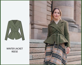 May include: A green winter jacket with a wrap-around design and a belt. The jacket has a peplum hem and long sleeves. The text "WINTER JACKET REESE" is below the image.