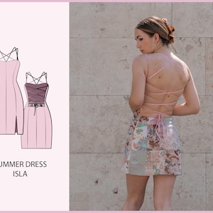 May include: A pink summer dress with a lace-up back and a patchwork skirt. The dress is called "Isla".