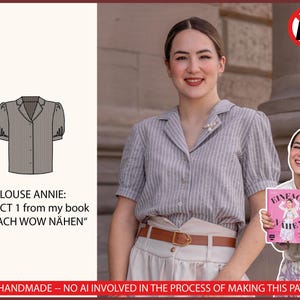 May include: A short-sleeved blouse with a notched collar and vertical pinstripes in grey and white. The blouse features a button-down front and gathered puff sleeves. Text on the image reads: BLOUSE ANNIE: PROJECT 1 from my book EINFACH WOW NÄHEN.