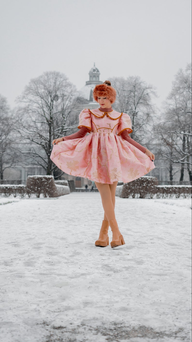 May include: A woman wearing a pink dress with gold embroidery and a brown fur hat stands in a snowy landscape. She is wearing brown heeled boots.