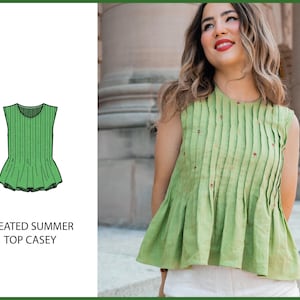 May include: A sleeveless, light green pleated top with a flared hem. The top has small embroidered details and is paired with white pants. The image also includes a line drawing of the top and the text "PLEATED SUMMER TOP CASEY."