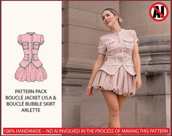 May include: A pink bouclé jacket and bubble skirt ensemble. The jacket has pockets and gold buttons. The image also shows a pattern pack with the text "PATTERN PACK BOUCLÉ JACKET LYLA & BOUCLÉ BUBBLE SKIRT ARLETTE". The text "100% HANDMADE -- NO AI INVOLVED" is also visible.