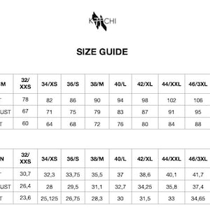 May include: Size chart for clothing in inches and centimeters. The chart shows bust, underbust, and waist measurements for sizes XXS to 4XL.