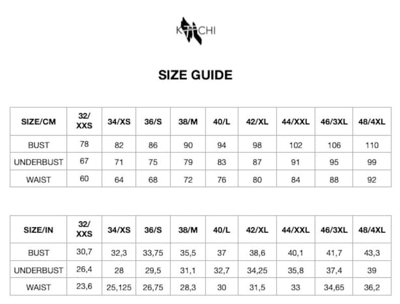 May include: Size chart for clothing in inches and centimeters. The chart shows bust, underbust, and waist measurements for sizes XXS to 4XL.