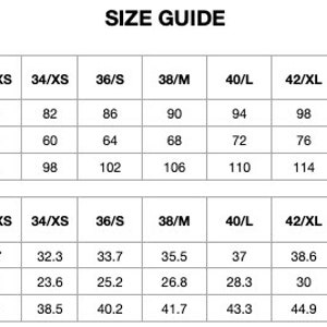 May include: Size chart for clothing in both inches and centimetres. The chart shows bust, waist, and hip measurements for sizes XXS to 3XL.