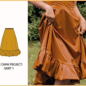 May include: A mustard-coloured skirt with a ruffled hem, displayed in a drawing and worn by a person. The skirt features a high waist and a flowing design. The text "THE OMNI PROJECT: SKIRT 1" is printed on the left side of the image.