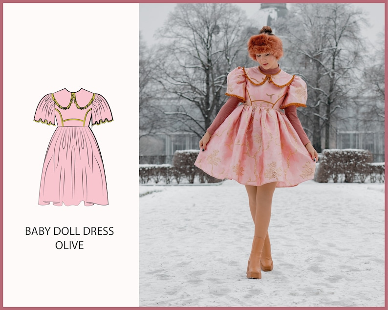 May include: A pink babydoll dress with a white collar and gold trim. The dress has puffed sleeves and a full skirt. The dress is being worn by a person in a snowy outdoor setting.