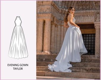May include: A white evening gown with a halter neckline and a flowing skirt. The dress has a high-low hemline and a long train. The text "EVENING GOWN TAYLOR" is printed on the left side of the image.