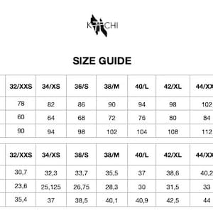 May include: Size chart for clothing in both centimeters and inches. The chart shows bust, waist, and hip measurements for sizes XXS to 3XL.
