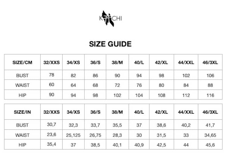 May include: Size chart for clothing in both centimeters and inches. The chart shows bust, waist, and hip measurements for sizes XXS to 3XL.