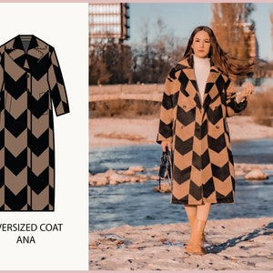 Peut inclure: Manteau oversize à motif chevron en marron et noir. Le manteau a une fermeture à double boutonnage et une grande poche sur le côté gauche. Le texte "OVERSIZED COAT ANA" est imprimé sous l'image.