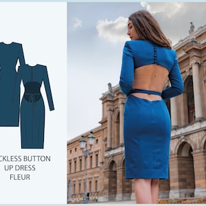 Peut inclure: Une robe bleue à manches longues avec un dos boutonné et une ceinture à nouer à la taille. La robe est cintrée et arrive au milieu du mollet. Le texte "BACKLESS BUTTON UP DRESS FLEUR" est visible en bas de l'image.