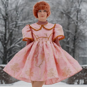 May include: A woman wearing a pink dress with gold embroidery and a brown fur hat. She is standing in a snowy landscape.