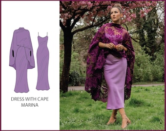 May include: A woman wearing a purple dress with a matching cape. The cape is adorned with intricate floral lace. The image also shows a dress design with a cape and a spaghetti strap dress. Text on the image reads "DRESS WITH CAPE MARINA."
