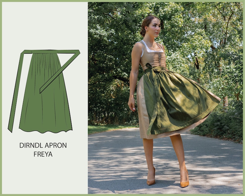 May include: A green dirndl apron with a tie, labeled "Dirndl Apron Freya".