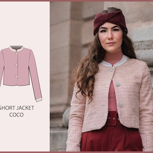 May include: A pink tweed short jacket with a white collar and button closure. The jacket is cropped and has long sleeves. The model is wearing the jacket with a burgundy headband and a burgundy skirt.