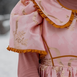 May include: A pink dress with a ruffled collar and puffed sleeves. The dress has a gold and pink floral pattern and a brown trim.