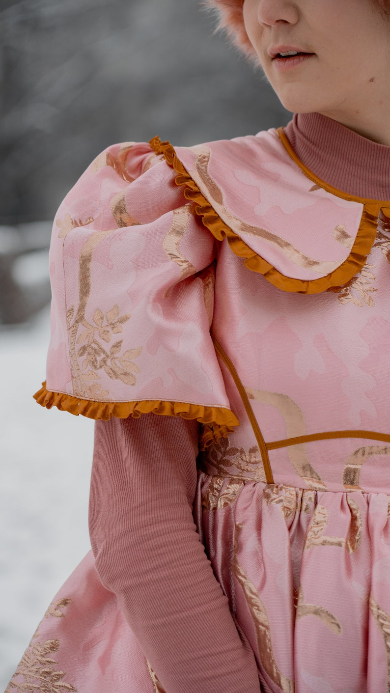 May include: A pink dress with a ruffled collar and puffed sleeves. The dress has a gold and pink floral pattern and a brown trim.