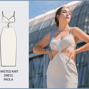 May include: A white knit dress with a twisted knot detail at the waist and a cut-out design. The dress is sleeveless and has a fitted silhouette. "Twisted Knit Dress Paola" is written below the image.