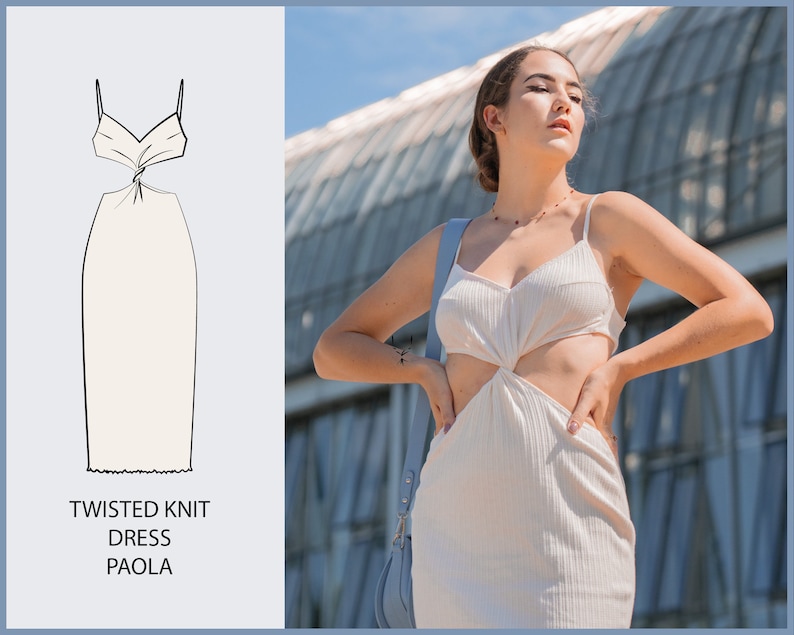 Pu&ograve; includere: Un abito bianco in maglia con un dettaglio a nodo attorcigliato in vita e un design a taglio. L'abito &egrave; senza maniche e ha una silhouette aderente. "Twisted Knit Dress Paola" &egrave; scritto sotto l'immagine.