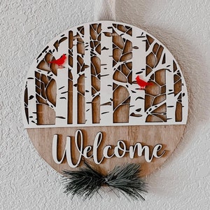Winter Cardinal Round Circle Welcome Sign Hanger | Holiday Welcome Sign | Birch Tree Decor | Front Door Hanger | Winter Season Decoration |