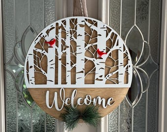14 Inch Winter Cardinal Round Welcome Sign Hanger | Holiday Welcome Sign | Birch Tree Decor | Front Door Hanger | Winter Season Decoration |
