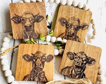 Engraved Wood Cow Coaster Set | Funny Farmhouse Drink Coasters |