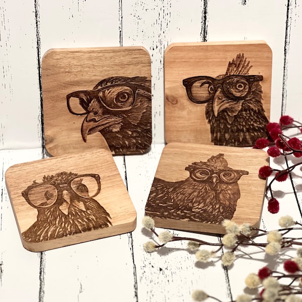 Funny Chicken Coaster Set | Set of 4 Wood Coasters | Funny Farm Coasters | Housewarming Gift | Drink Coasters | Chicken with Glasses |