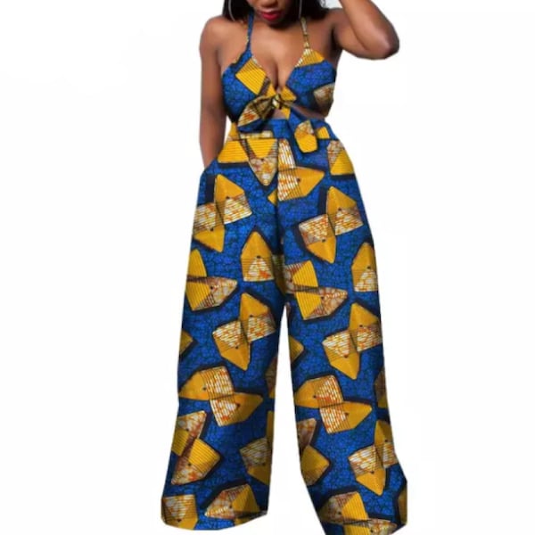 Ensemble africain 2 pièces pour femme / haut court sans bretelles, pantalon imprimé sur toute la longueur Vêtements Ankara Palazzo Ankara, pantalon Ankara + haut