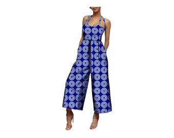 African print clothing women jumpsuit sleeveless halter ankle-length wide leg cotton jumpsuit for women