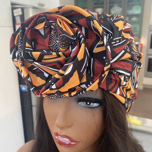 Pre-tied turban /African prints Head Wrap with satin lined/ pre-tied head wraps/ pre-tied head scarf/ pre-tied turban/  ADAOMA