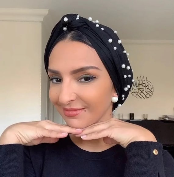 Stretch Turban Hijab Head Scarf Wraps WOMEN Pearls Turban Head