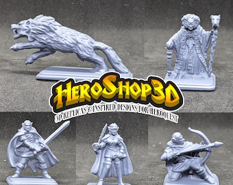 Pode incluir: Um conjunto de cinco miniaturas cinzas impressas em 3D para um jogo de RPG de mesa. As miniaturas incluem um lobo, uma guerreira elfa, um guerreiro elfo, uma guerreira humana e um arqueiro humano. As miniaturas estão todas em pequenas bases quadradas.