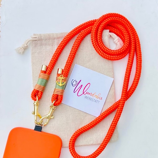 Orange Handykette aus Tau. Anker Charm. Knalliges Accessoire.