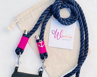 Handykette aus gedrehtem Tau. Blau. Pink. Anker Charm.