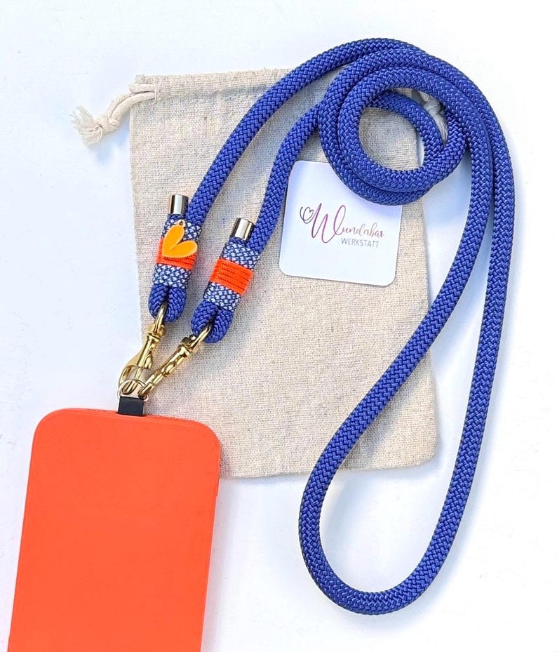 Blue phone chain. Orange. Heart pendant. Crossbody smartphone chain. Phone strap. Universal phone band. Gift idea. Gift for her. image 6