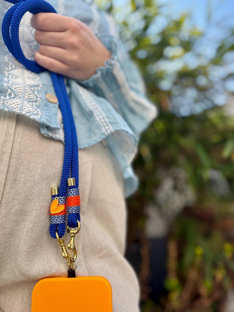 Blue phone chain. Orange. Heart pendant. Crossbody smartphone chain. Phone strap. Universal phone band. Gift idea. Gift for her. image 7