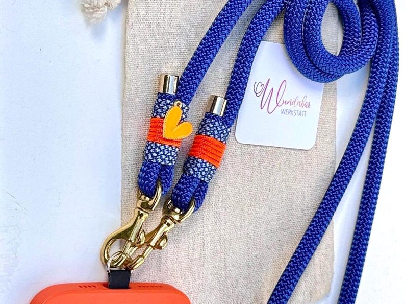 Blue phone chain. Orange. Heart pendant. Crossbody smartphone chain. Phone strap. Universal phone band. Gift idea. Gift for her. image 10