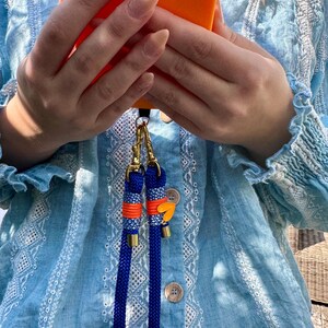 Blue phone chain. Orange. Heart pendant. Crossbody smartphone chain. Phone strap. Universal phone band. Gift idea. Gift for her. image 5