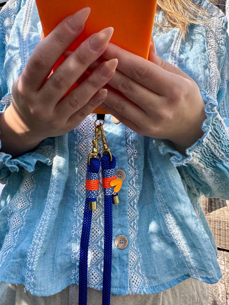 Blue phone chain. Orange. Heart pendant. Crossbody smartphone chain. Phone strap. Universal phone band. Gift idea. Gift for her. image 5