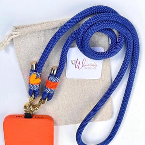 Blue phone chain. Orange. Heart pendant. Crossbody smartphone chain. Phone strap. Universal phone band. Gift idea. Gift for her. image 9